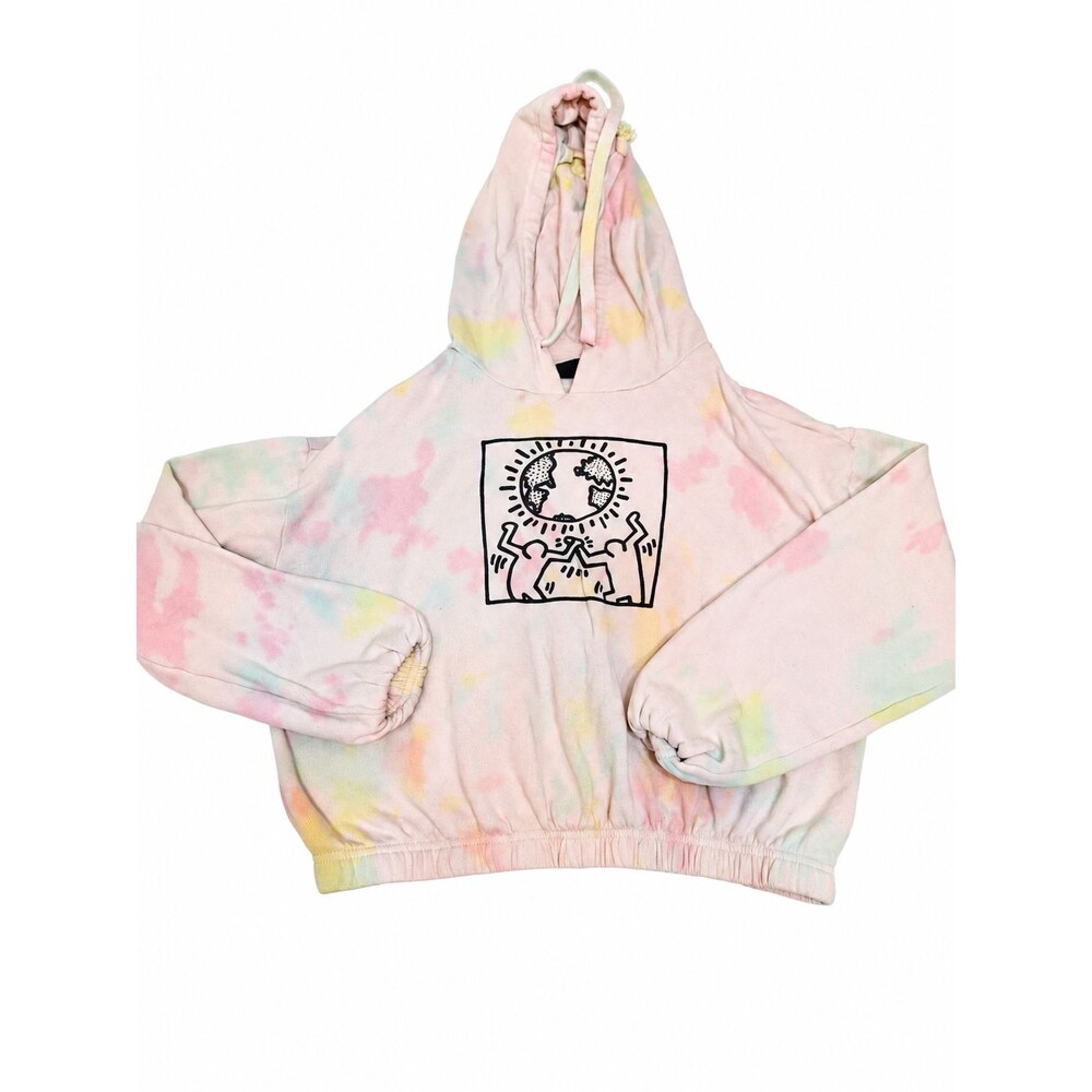 Keith Haring Cropped Hoodie Medium Pastel Tie Dye Graphic Sweatshirt Women
